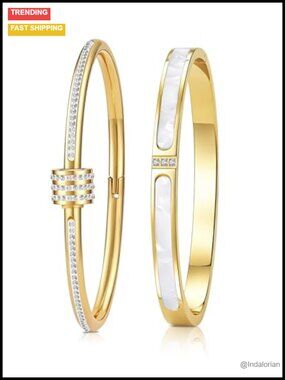 2pcs Gold Plated Bangle Bracelets for Women Titanium Steel Set